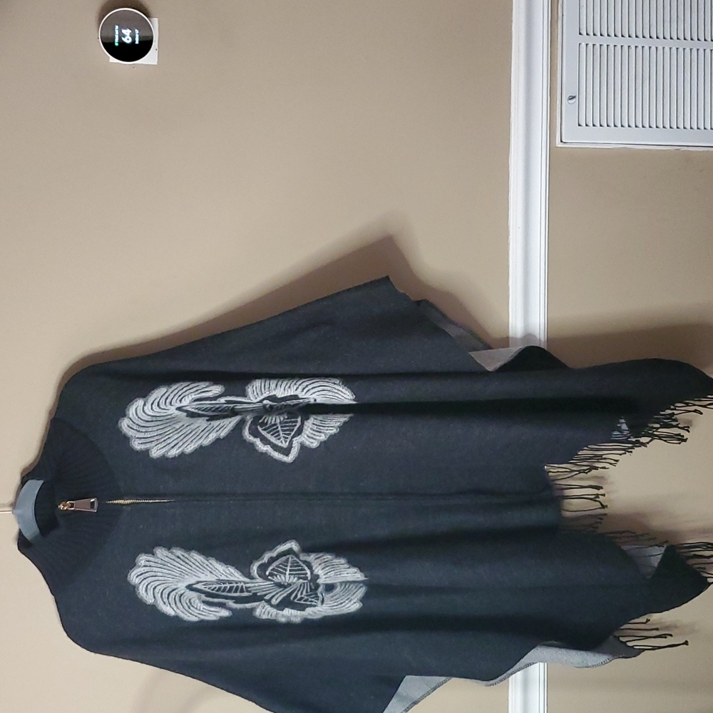 Pia Rossini Black Fringed Full Zippered Poncho..OSFA